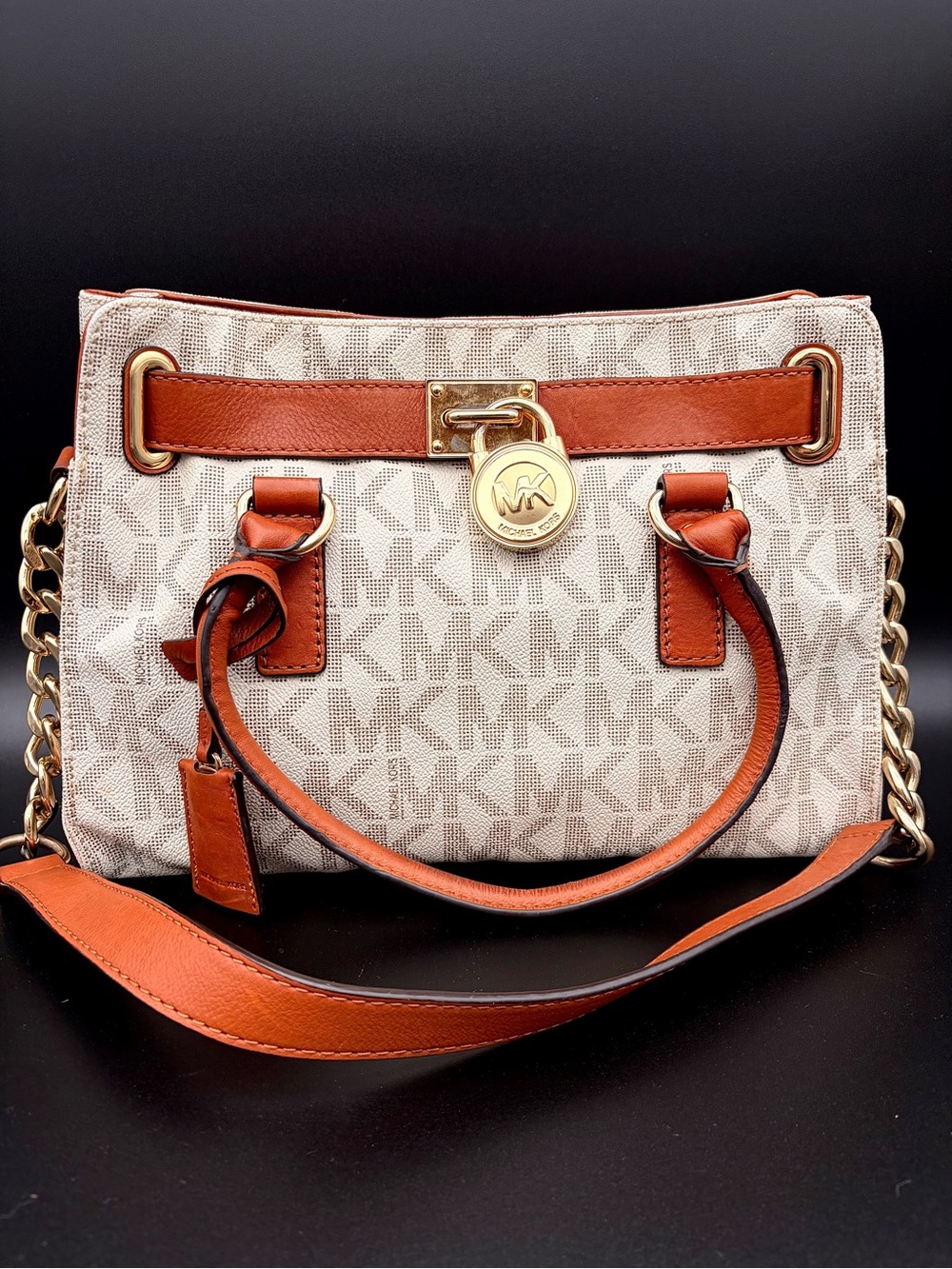 Michael Kors Vintage Hamilton Medium East West Satchel Handbag Purse in Vanilla